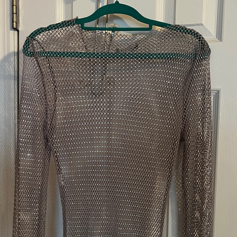 Shimmering Silver Mesh Dress with Side Slits - Picture 4 of 7
